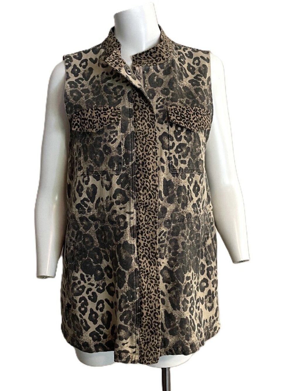 Mystree Buckle Canvas Vest Women M Washed Leopard Print Cotton Utility Cinch NWT